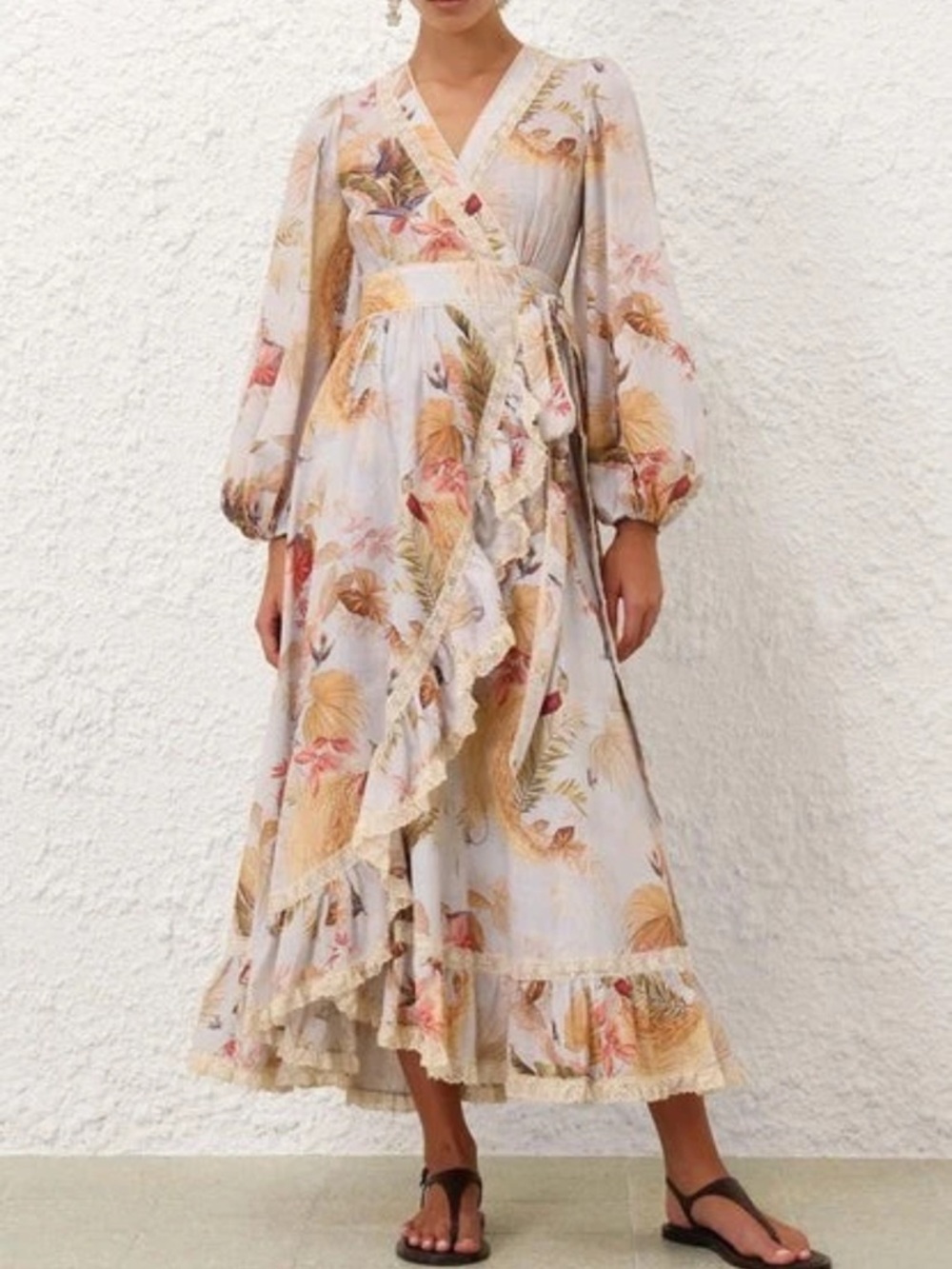 Zimmermann 🌿 Ascension Floral Long Sleeve Linen Wrap Dress Sz 2